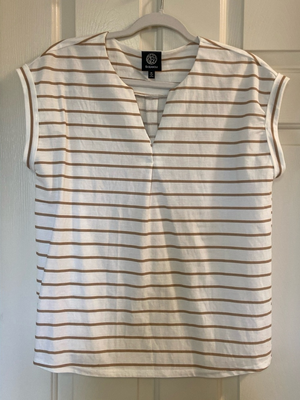 White & Tan Striped Cap Sleeve